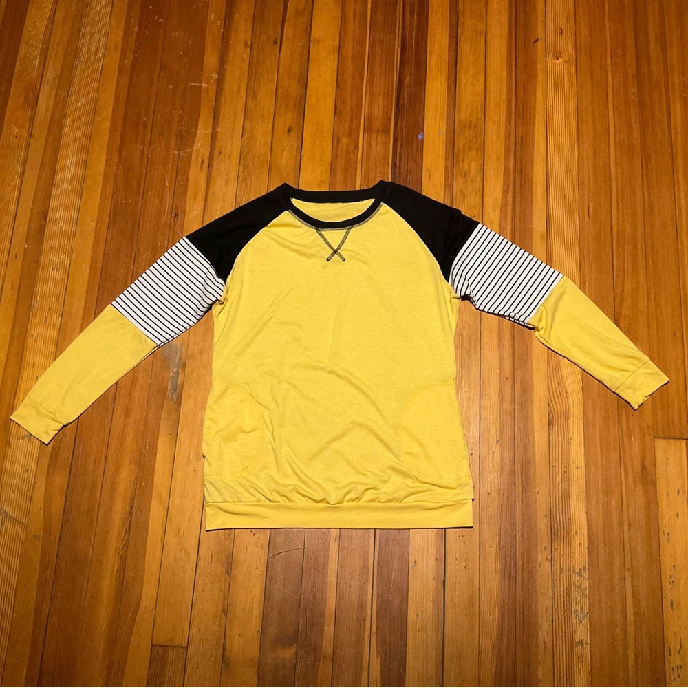 Yellow Crewneck Pullover with Striped Sleeve Accent
